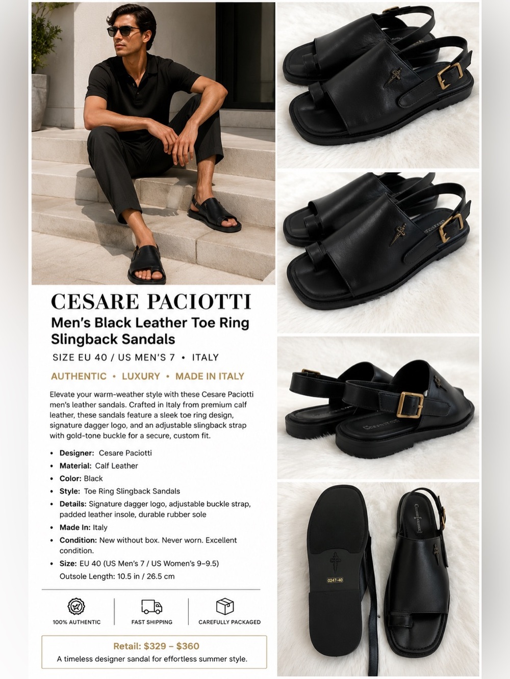 Cesare Paciotti Black Leather Toe Loop Buckle Flat Sandals EU 40 NWOT